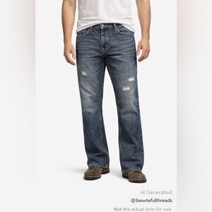 Axe & Crown Men’s W38 Blue Distressed Bootcut Jeans Rumble Embroidered